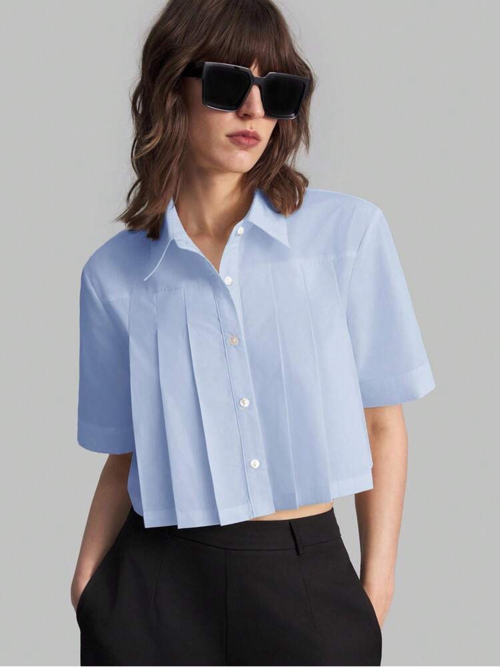 Nine West Pale Blue Short Sleeve Button-Front Shirt